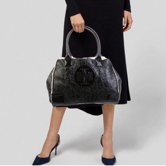 Tory Burch Handbags - TORY BURCH Ella Crinkle Pattern Leather Shearling Sheepskin Black Patent Bag